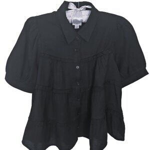 ADORABLE 3 TIERED RUFFLED SHORT SLEEVED BLACK BLOUSE SIZE S